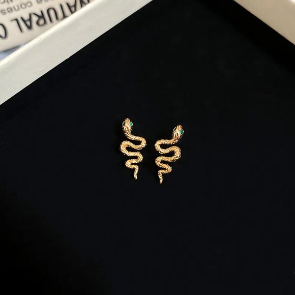 3/$35 Modern Gold Tone Snake Dangle Stud Earrings Copper Zircon Inlay Jewelry - Picture 6 of 7
